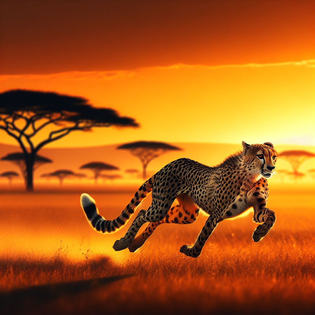 A realistic image of a cheetah sprinting across the African savannah at sunset, displaying power and speed.
