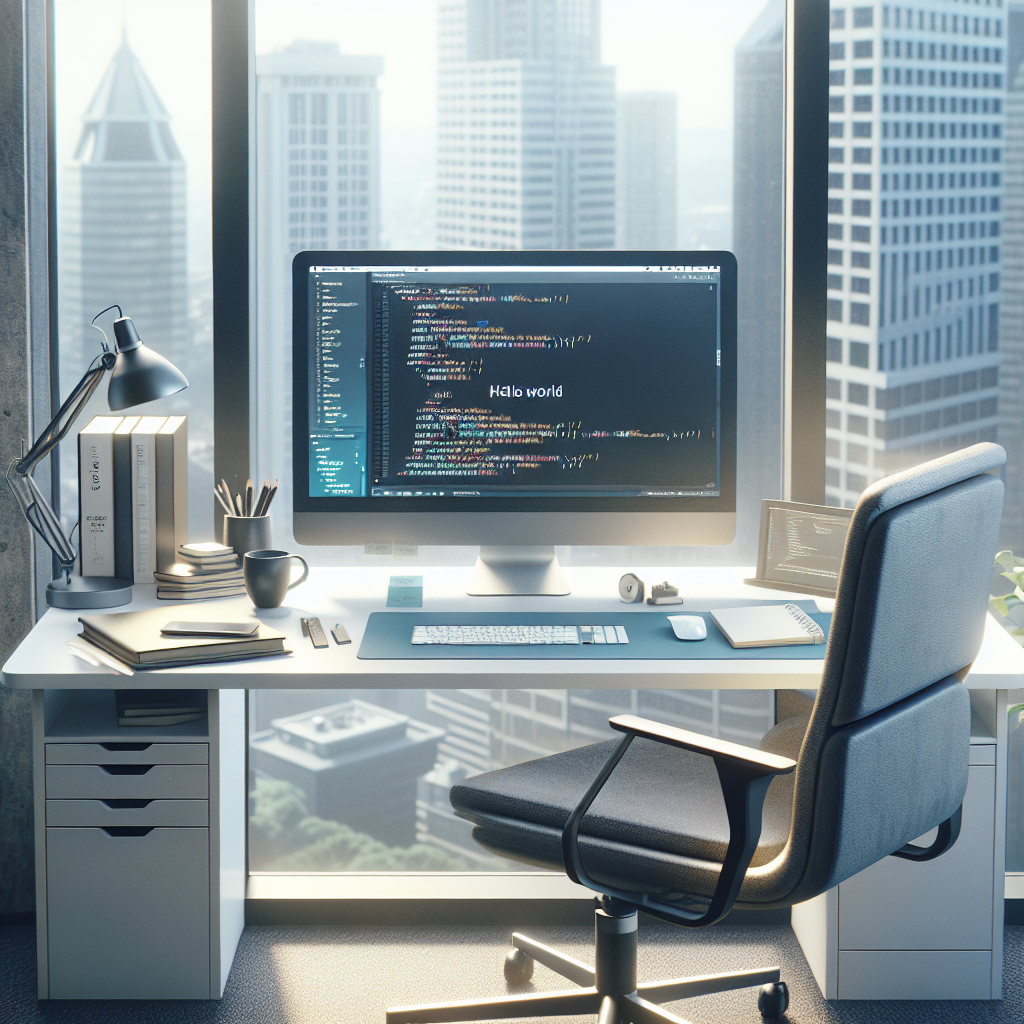 Developer's desk with a PC showing jQuery code, a comfortable chair, a coffee mug, notebooks, and a window overlooking an urban landscape.