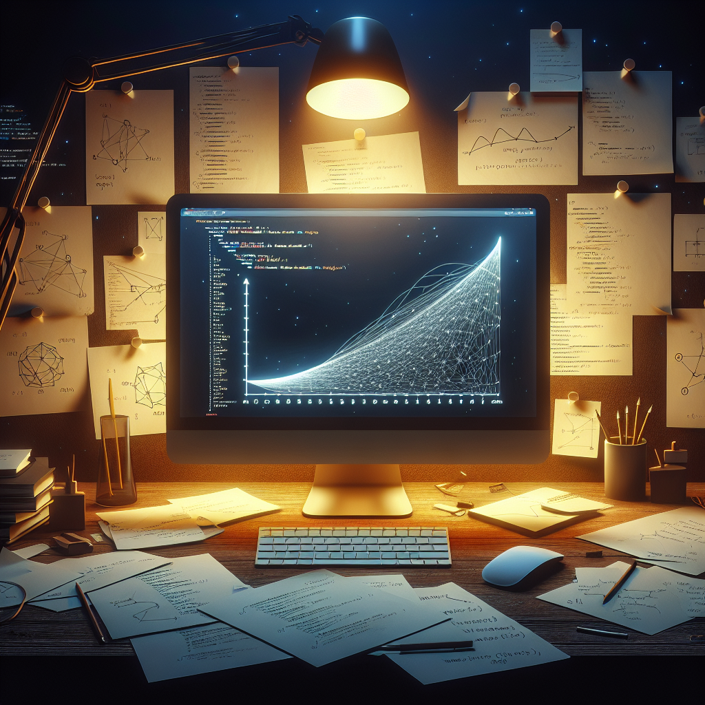 Computer screen with a graph showing web development evolution with jQuery, surrounded by abstract JavaScript notes and a warm desk lamp.