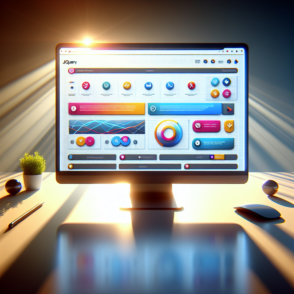 A modern desktop with a browser display of interactive web elements, featuring the jQuery logo, demonstrating its influence on web development.