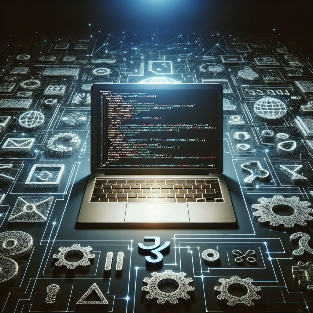 A laptop displaying JavaScript code with web development icons including the jQuery logo, representing the rise of jQuery in web development.