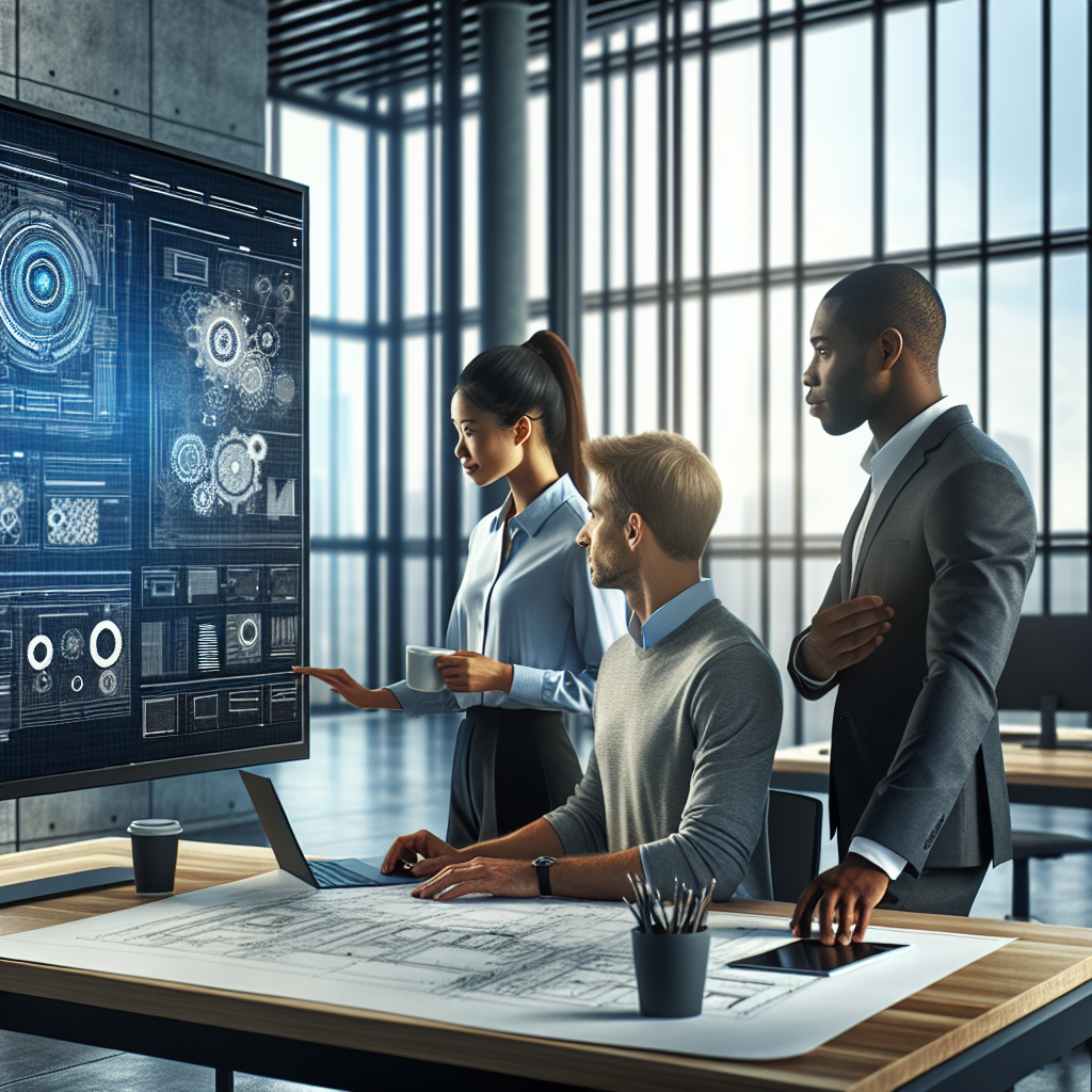 Professional engineers collaborating on web design in a modern office.