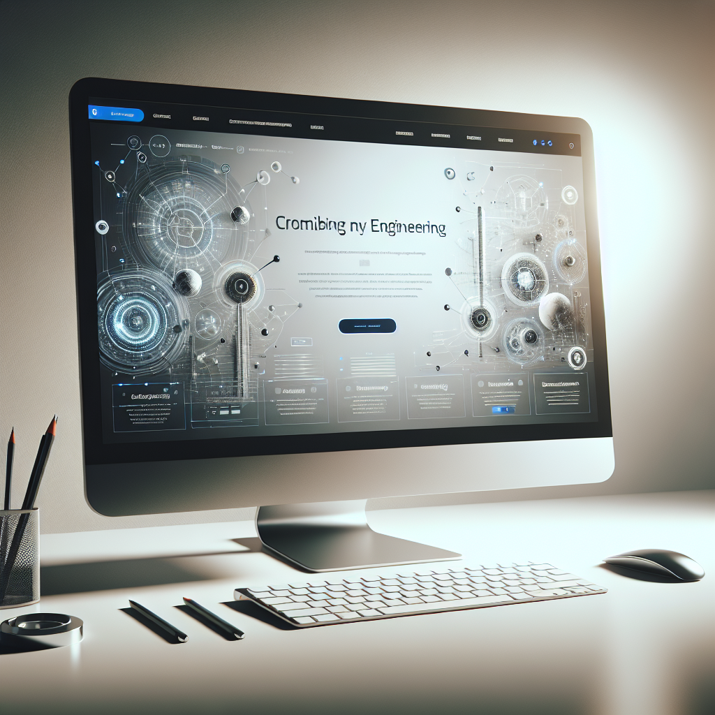 A realistic illustration of a modern engineering company website design displayed on a sleek desktop monitor on a minimalist desk, emphasizing the clean, professional layout.