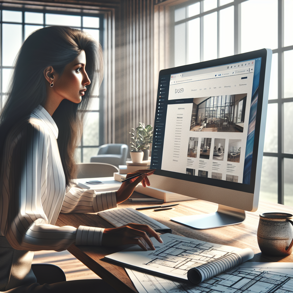 Professional web designer working on an engineering company website in a modern office setting.