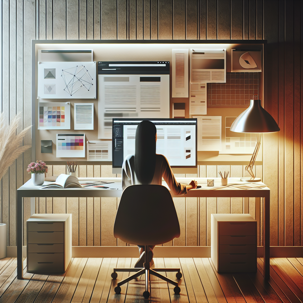 A modern workspace where a person is designing a website on a large computer screen, with design elements like color swatches and wireframe sketches on the desk.