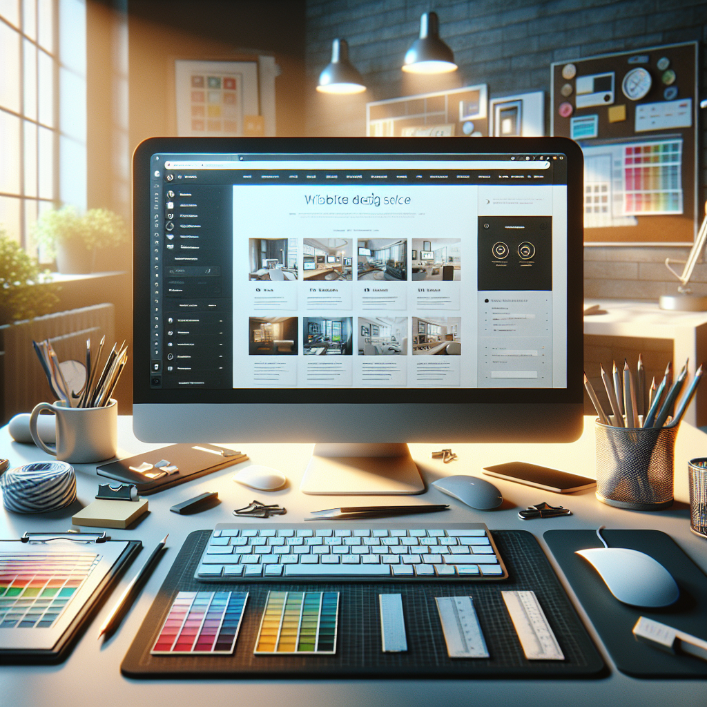 A modern workspace with a computer displaying a well-designed website and various design tools.