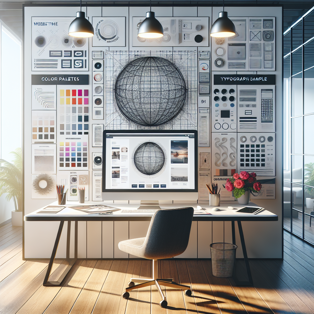 A realistic image of a modern office setup showing a computer screen with a beautifully designed website layout and design tools.