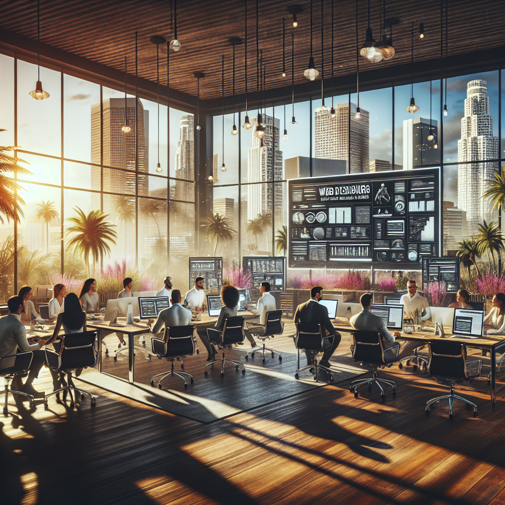 Web designers brainstorming in a modern office with the Los Angeles skyline in the background.