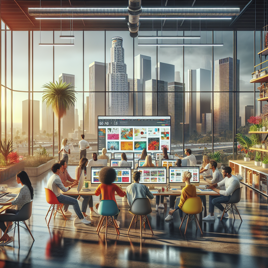 Modern web design office in Los Angeles with designers collaborating.