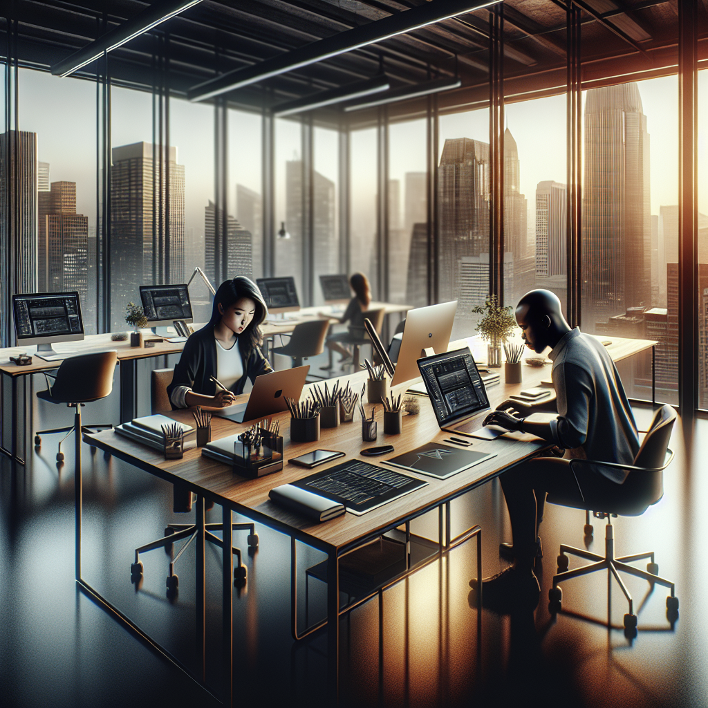 A modern web design office with a diverse team working collaboratively on web design projects.