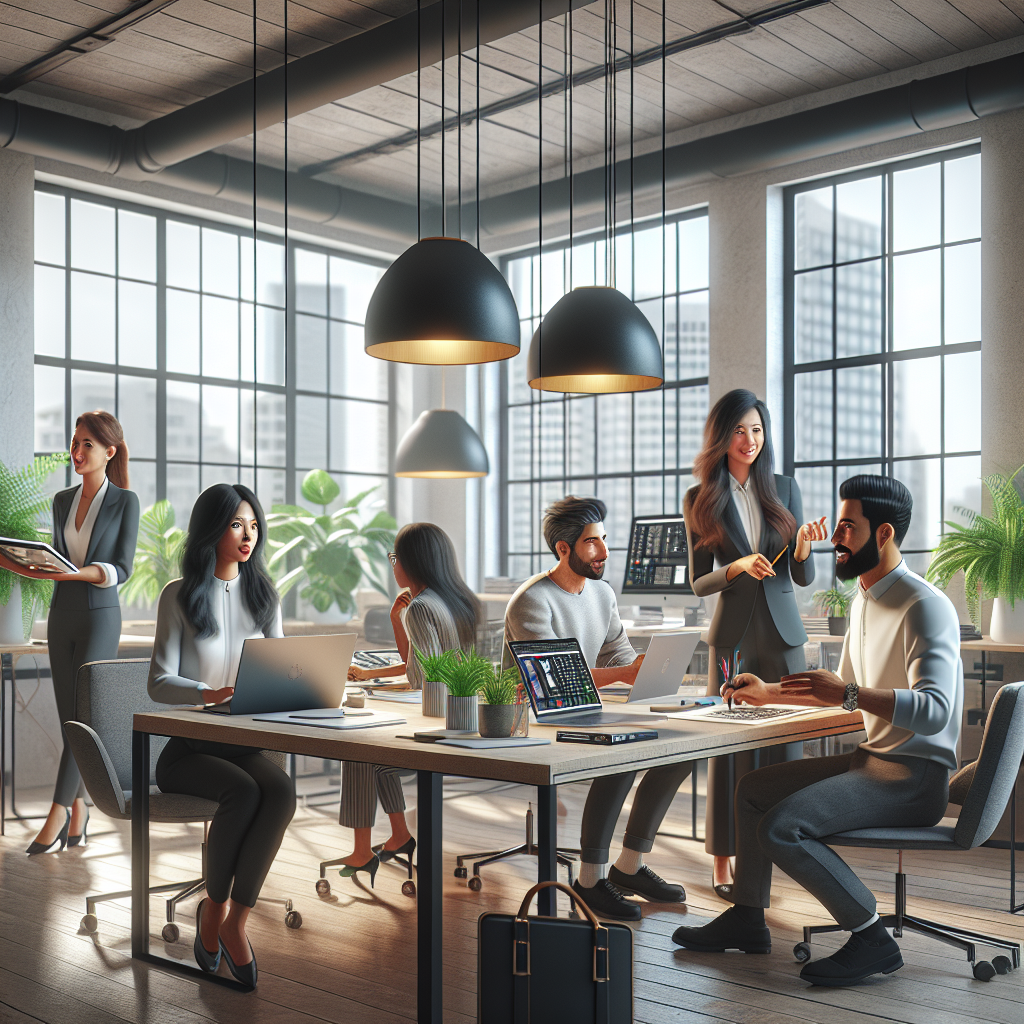 A local web design team collaborating in a modern office.
