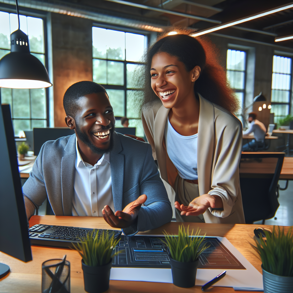 Modern office workspace where a web designer is collaborating with a client on a website design.
