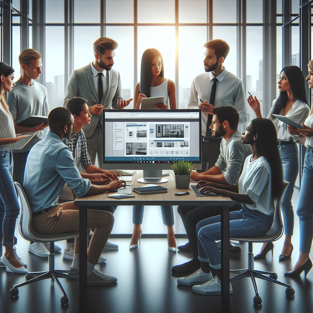 Web design team collaborating in a modern office with natural light.