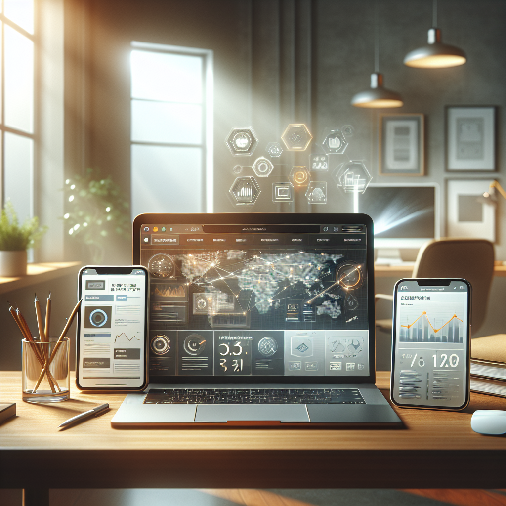 A realistic modern digital marketing workspace with laptop, smartphone, and tablet.