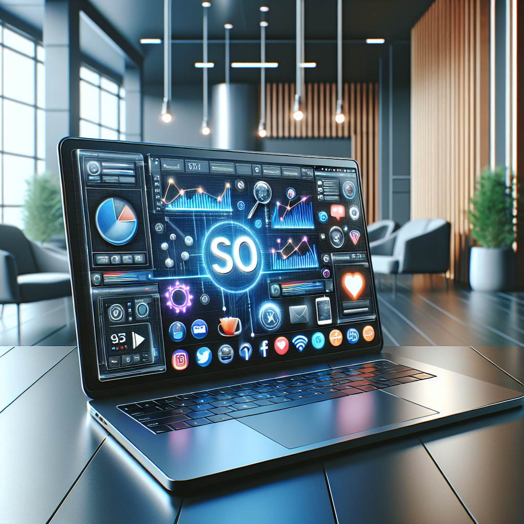 A realistic office scene with a laptop displaying digital marketing elements, representing internet marketing.