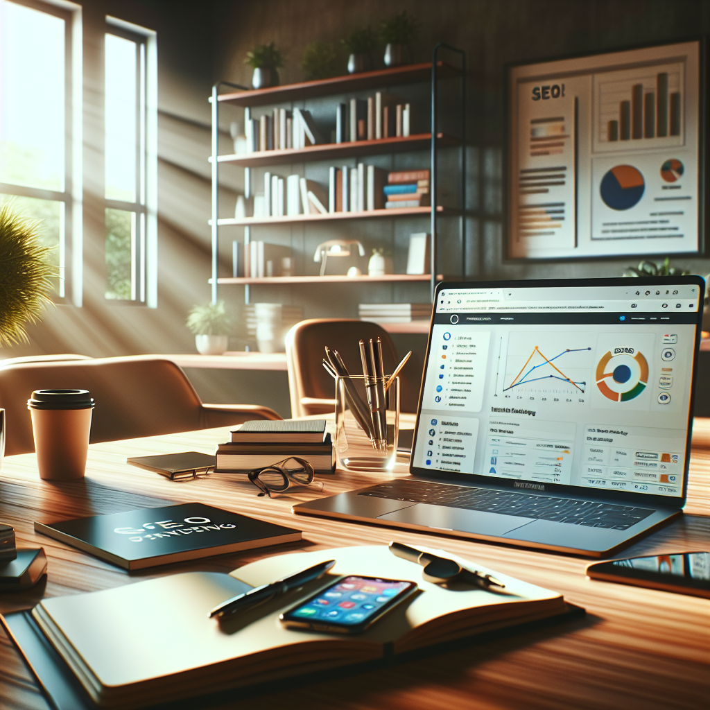 A realistic scene of an office desk setup focused on internet marketing tools and devices.