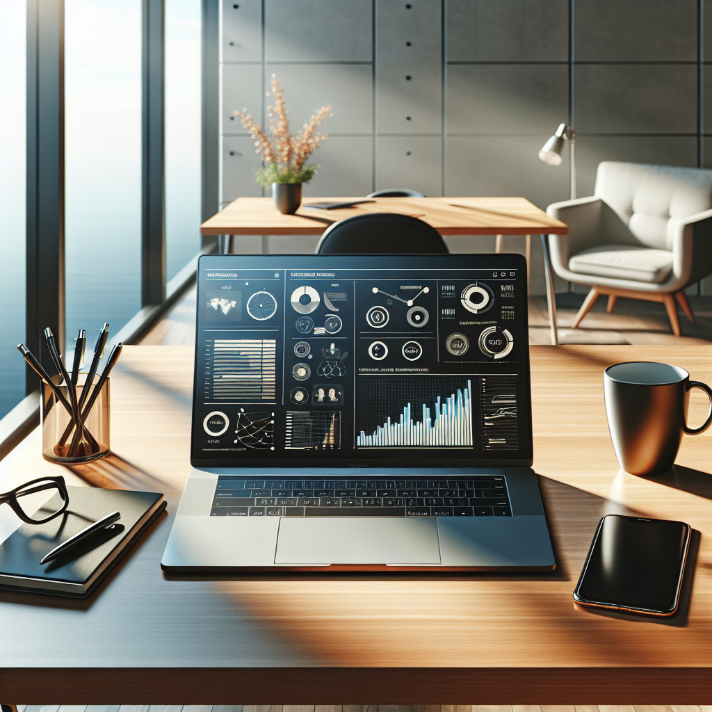 A professional workspace setup for internet marketing with a laptop, smartphone, coffee cup, and notepad.