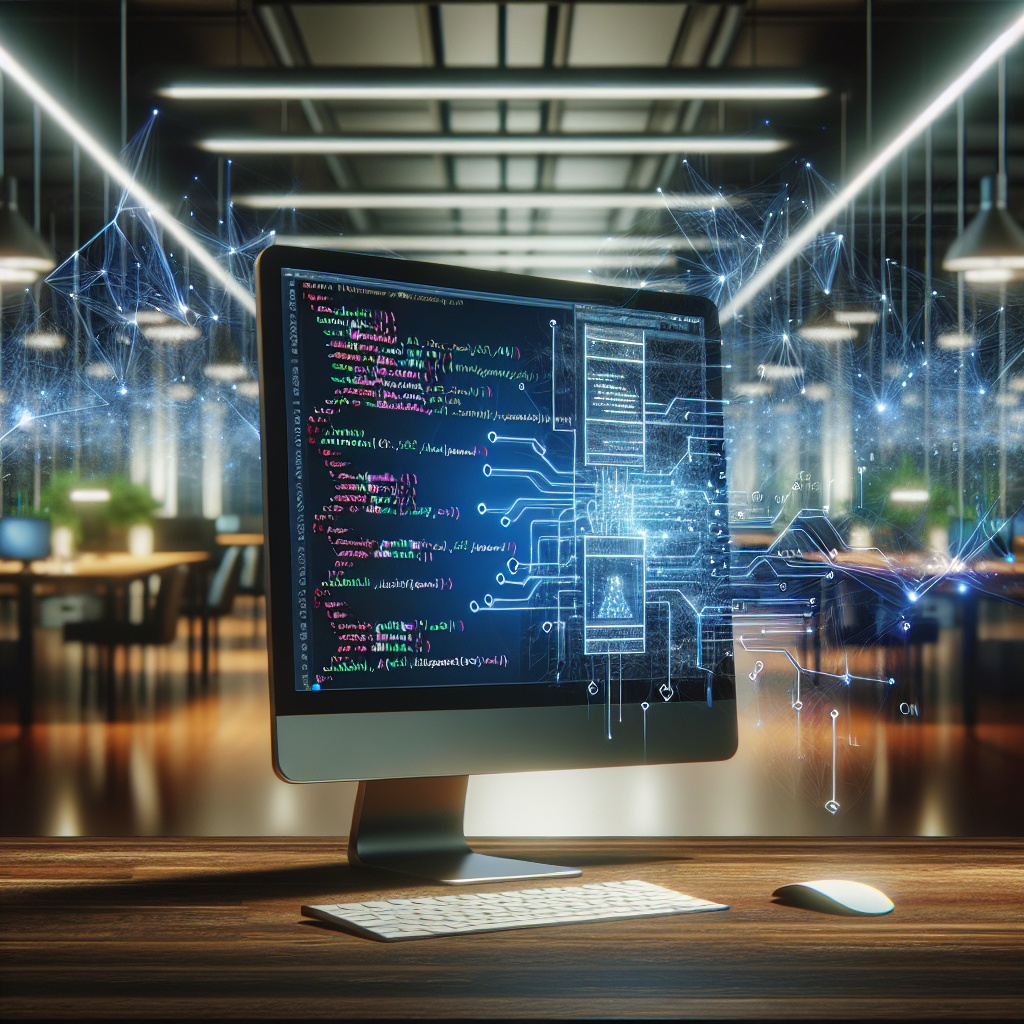Futuristic web development concept depicting Jamstack architecture with a computer monitor showing code and interconnected lines representing CDN.