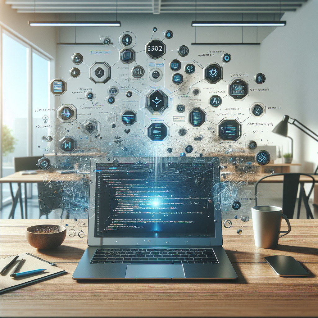 Realistic image depicting Jamstack in web development with a laptop and code elements.