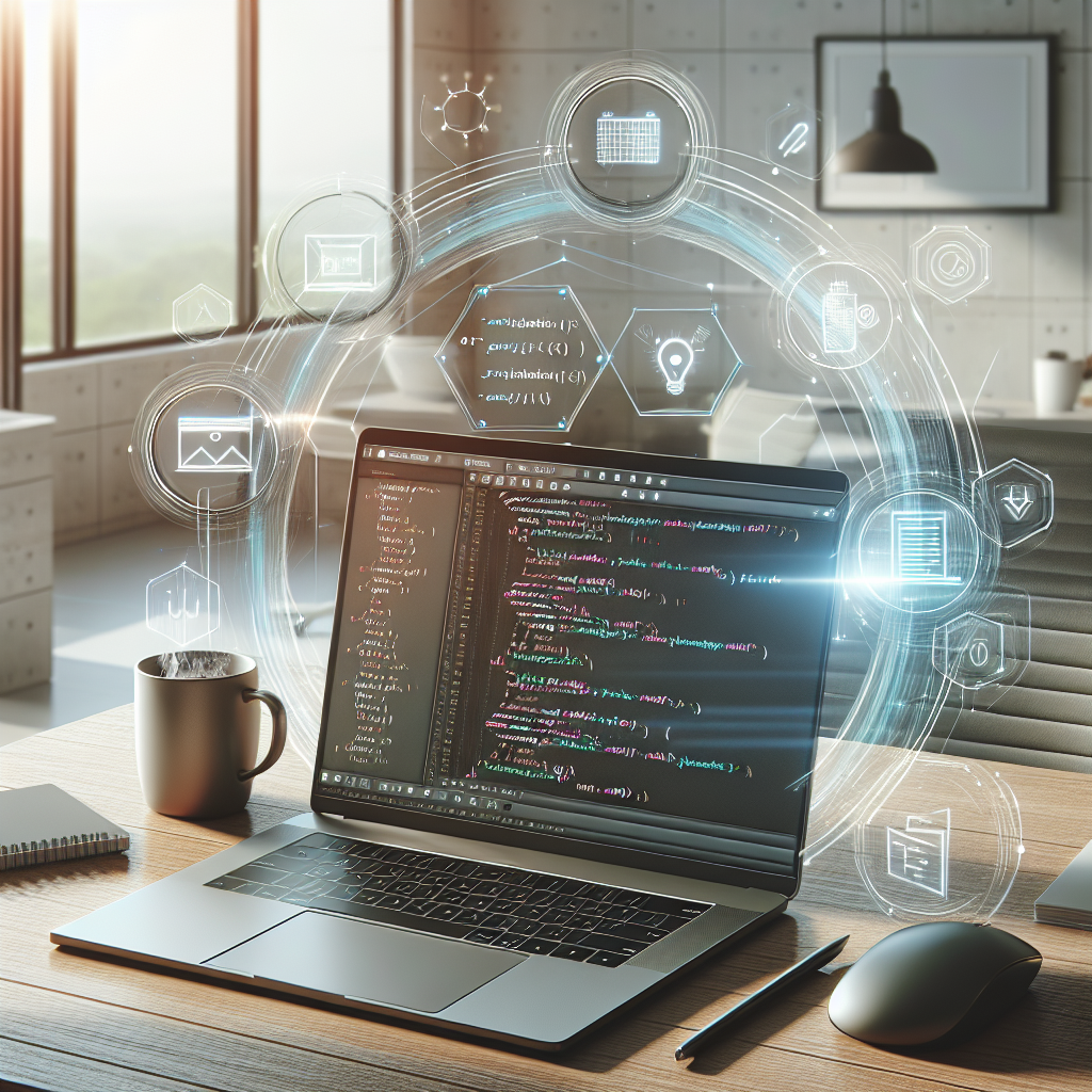 A modern developer's workspace with a laptop displaying dynamic code, representing Jamstack architecture, in a minimalist office setting.