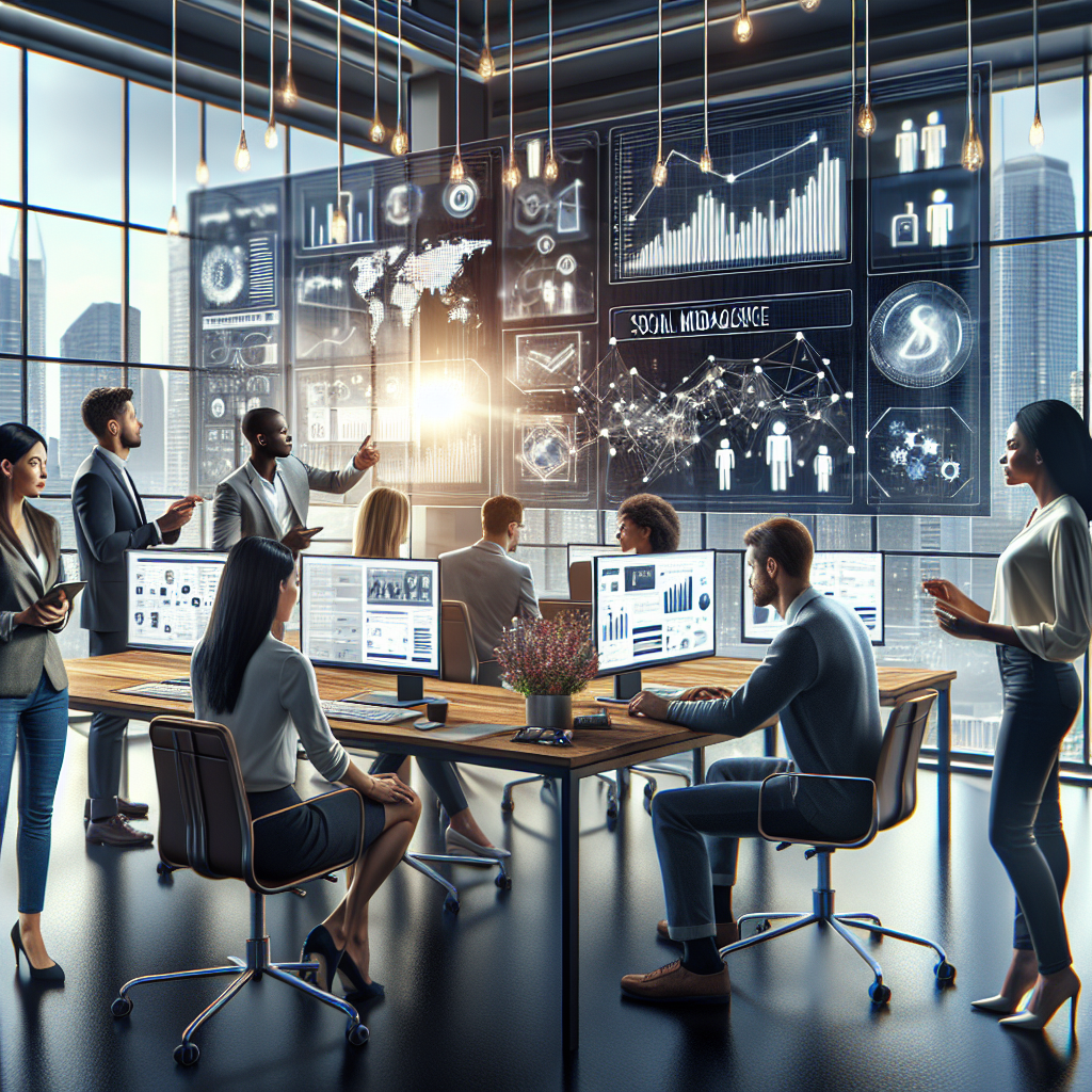 A modern office with a team collaborating on advanced social media strategies using multiple screens and real-time data.
