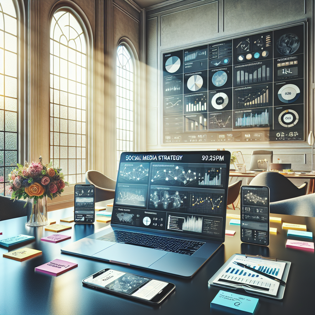 A workspace depicting advanced social media strategies with devices displaying analytics.