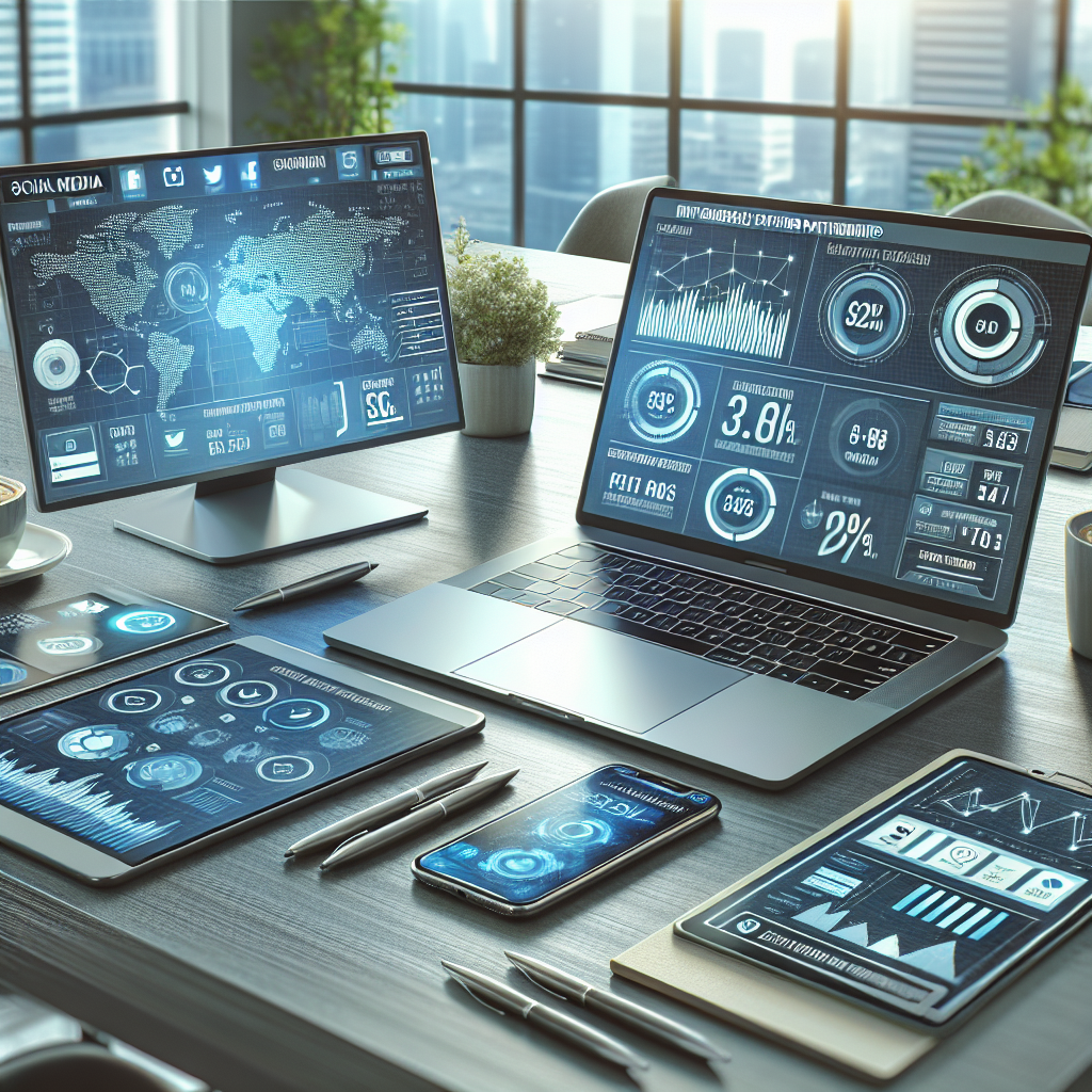 A modern digital workspace showcasing social media management tools and analytics.