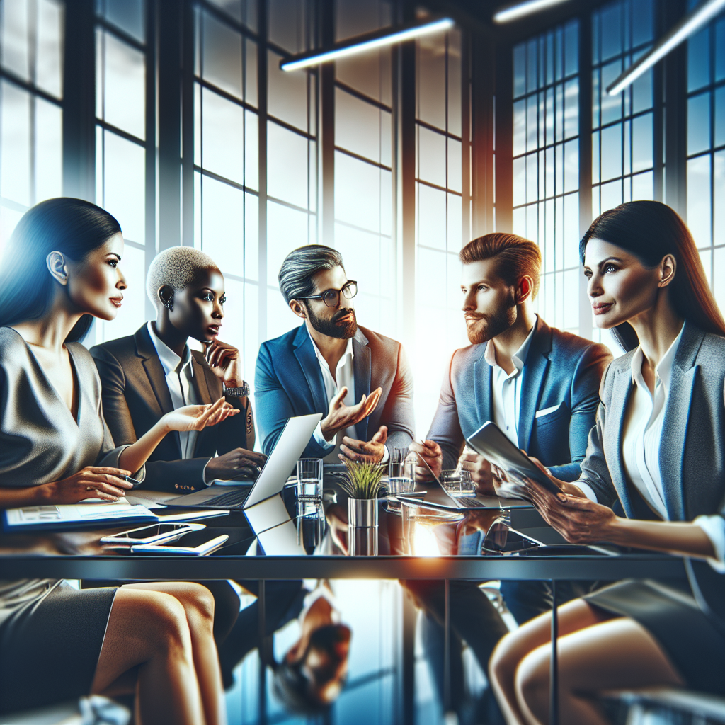 Business professionals discussing advanced social media strategies in a modern office.