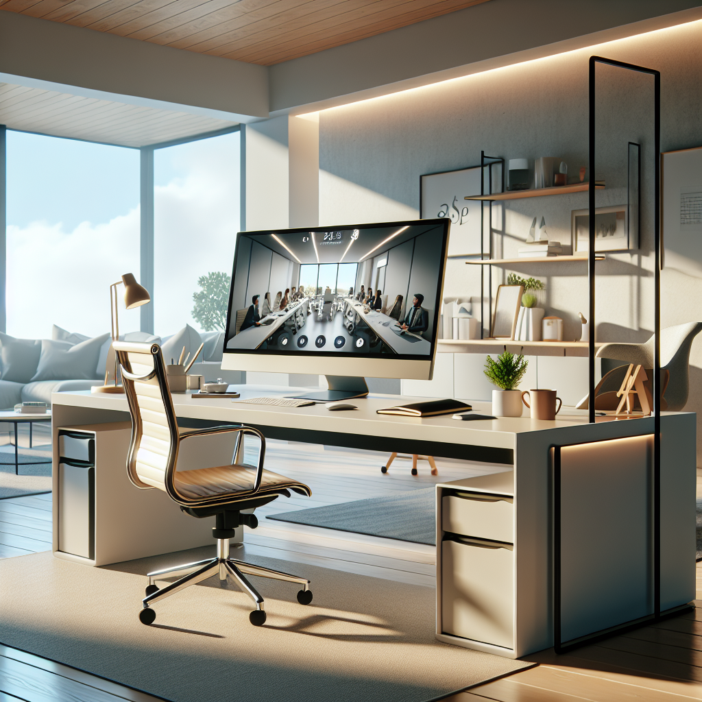 A realistic home office setup with a computer, plant, notebook, and coffee mug on a sleek desk, highlighting the concept of remote work.