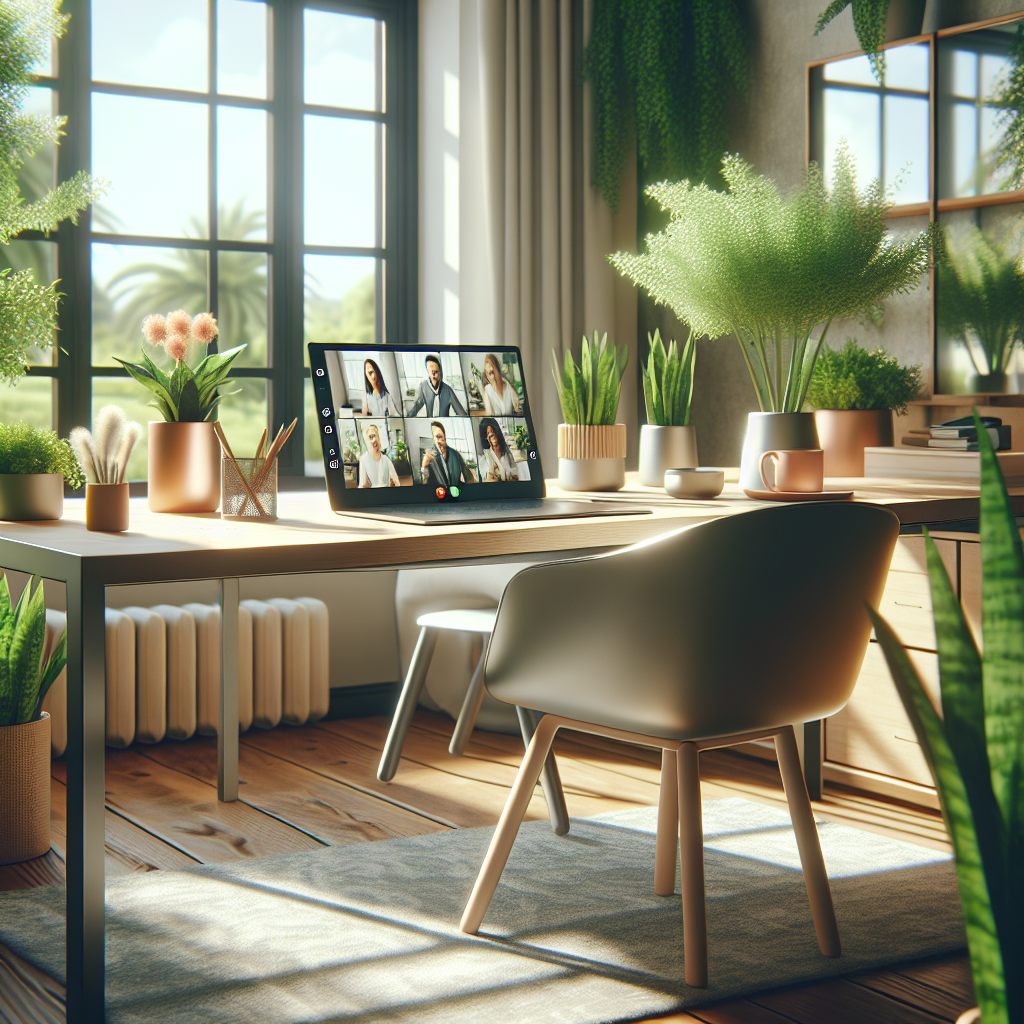 A modern home office setup with a laptop displaying a video call, surrounded by greenery and sunlight.