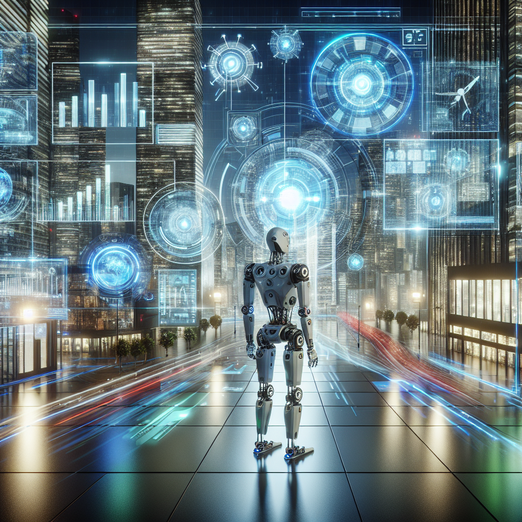A futuristic cityscape featuring advanced robots and digital interfaces representing AI technology.