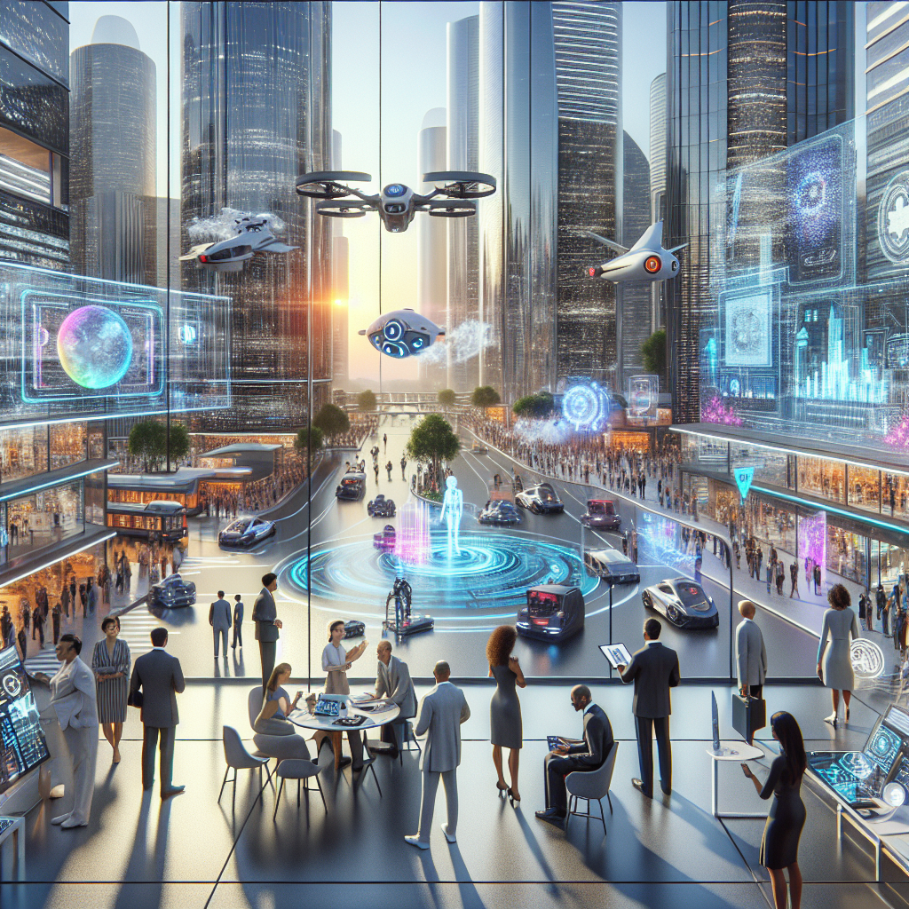 A futuristic city showing the integration of AI technology in daily life.
