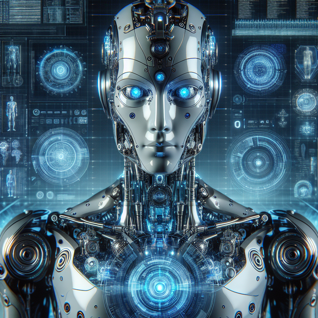 Futuristic AI robot in high-tech room with holographic screens.