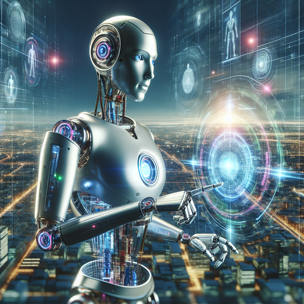 A futuristic robot interacting with holographic data in a modern cityscape, symbolizing the future of Artificial Intelligence.