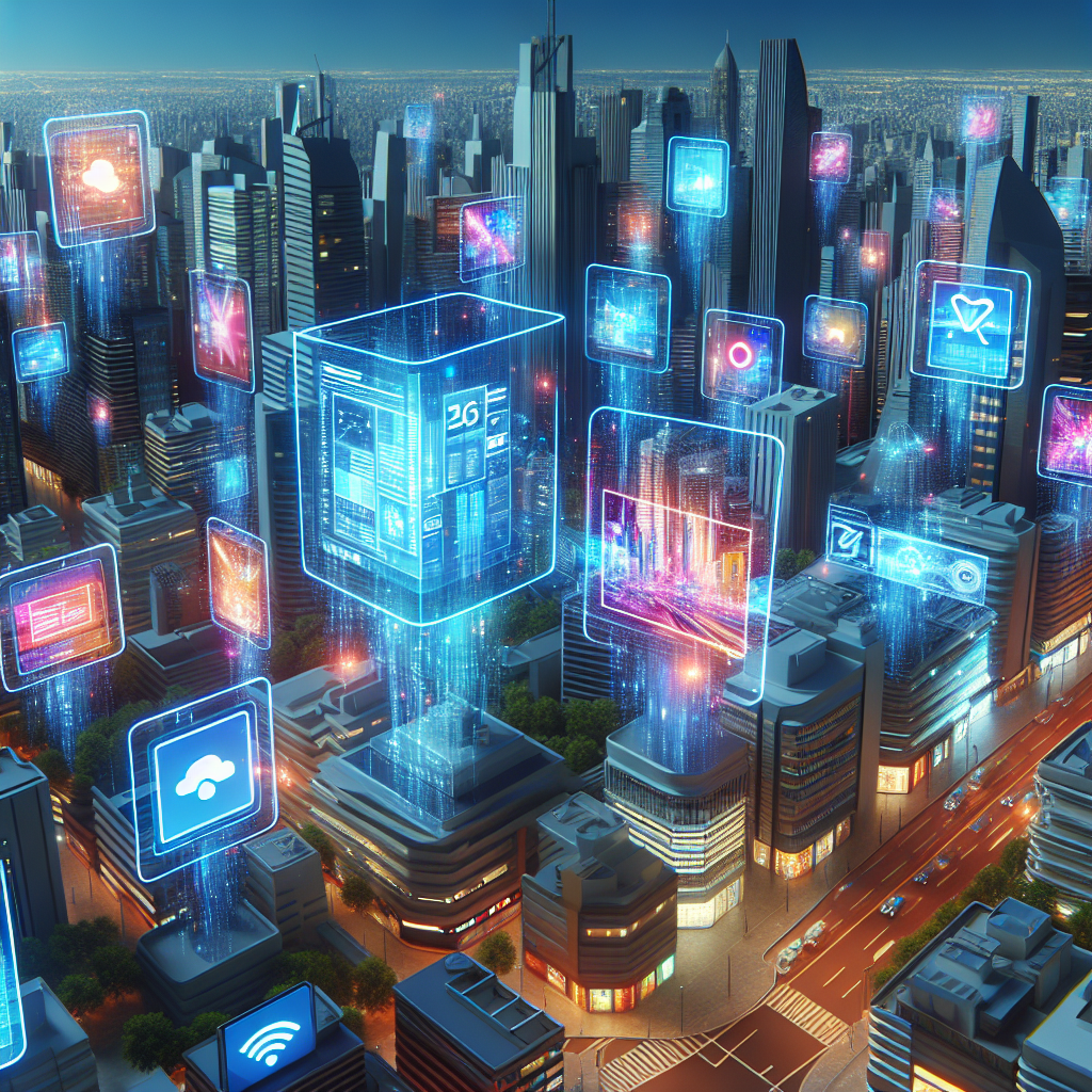Futuristic cityscape with augmented reality and interactive ads.