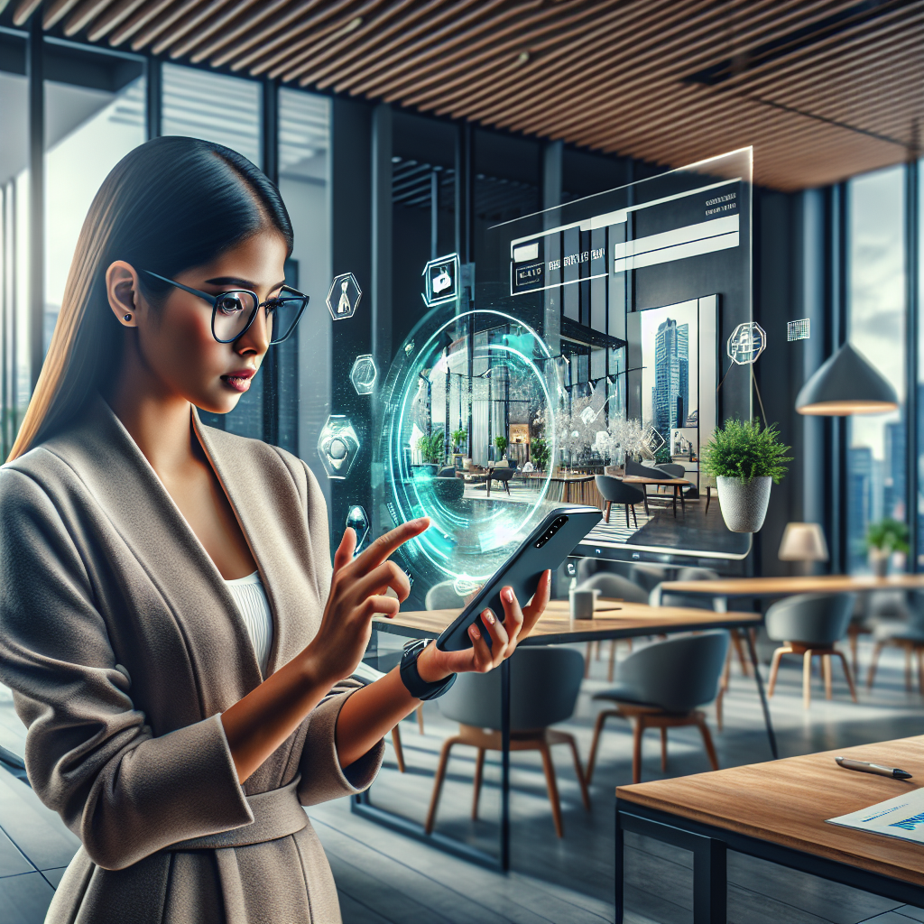 A young professional woman interacting with an augmented reality ad on her smartphone in a modern office.
