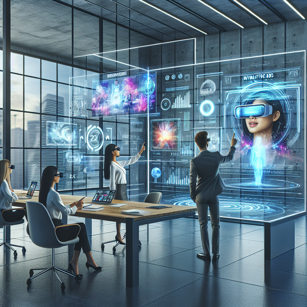 Futuristic office environment featuring interactive ads and augmented reality in digital advertising.