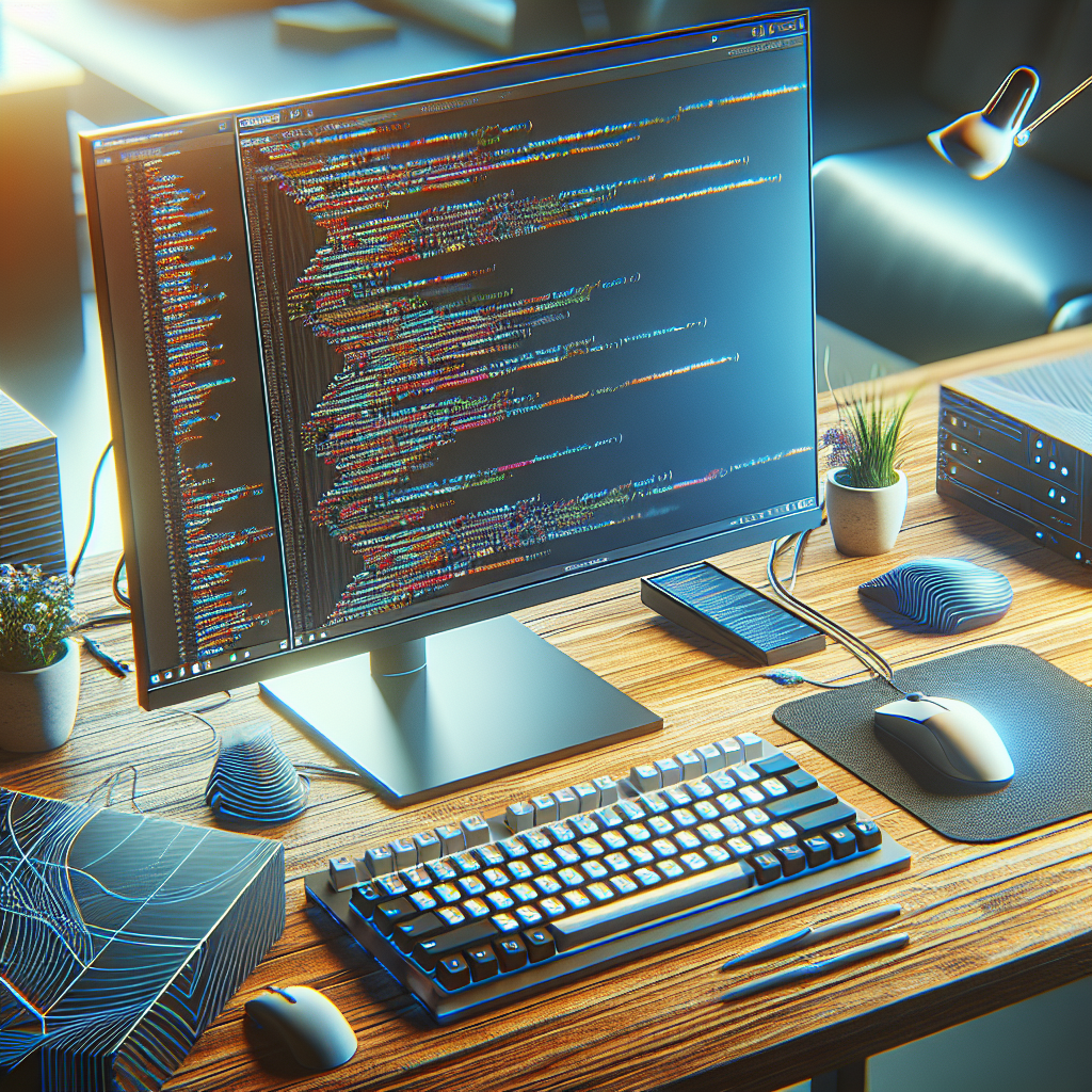 High-tech web development setup showing a computer monitor with code, representing WebAssembly, with modern office equipment.