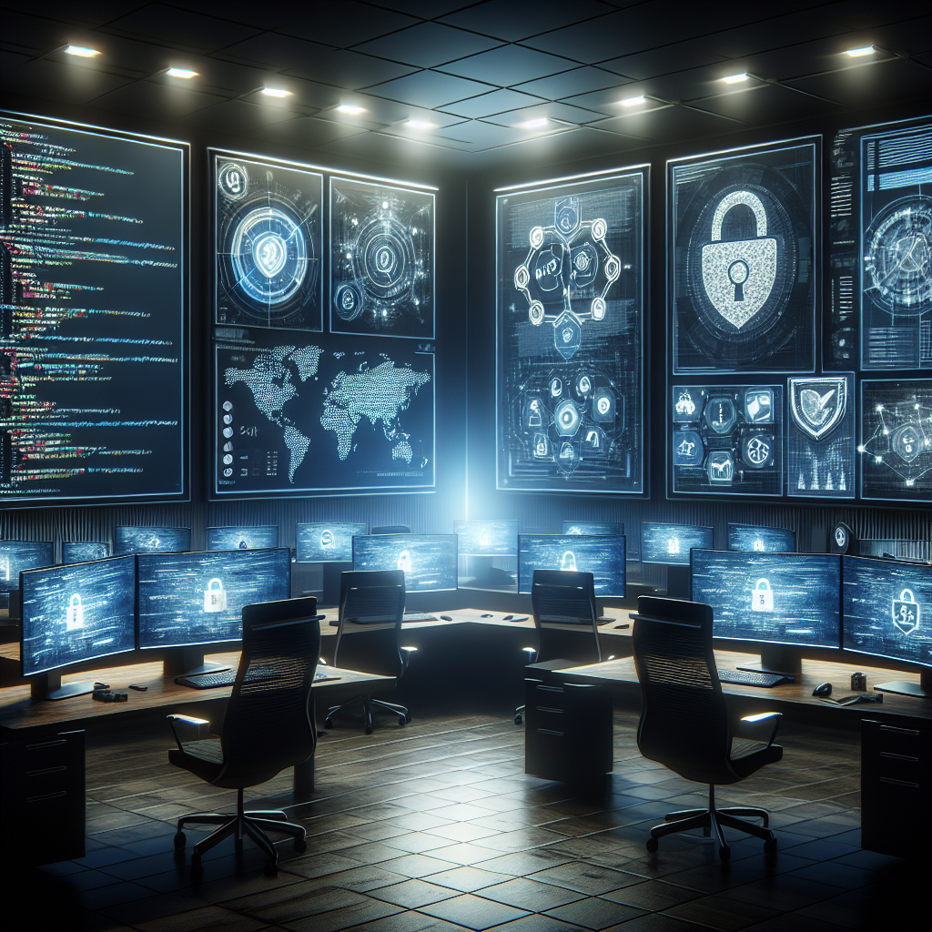 A modern, secure web development workspace featuring multiple monitors displaying code and cybersecurity diagrams.