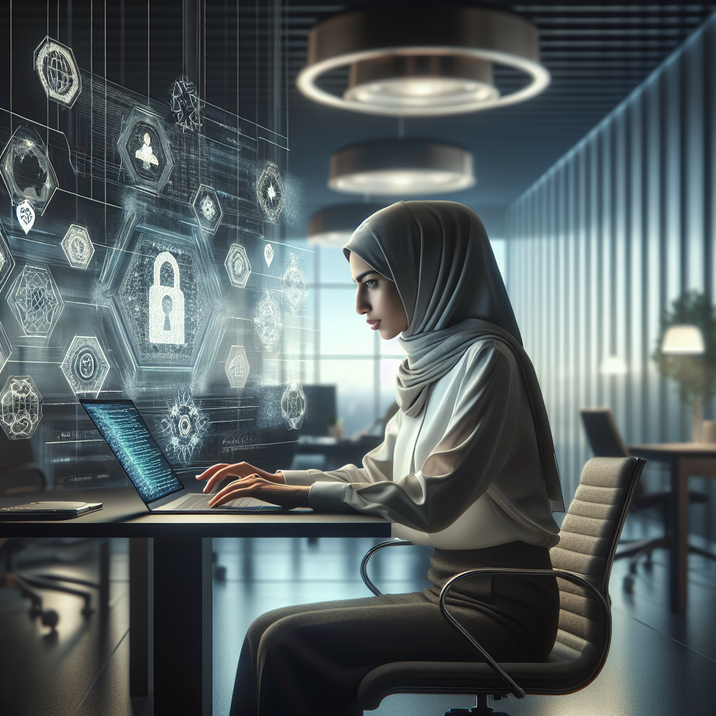 A modern web developer working on a laptop with security alerts, in a sophisticated, high-tech office.