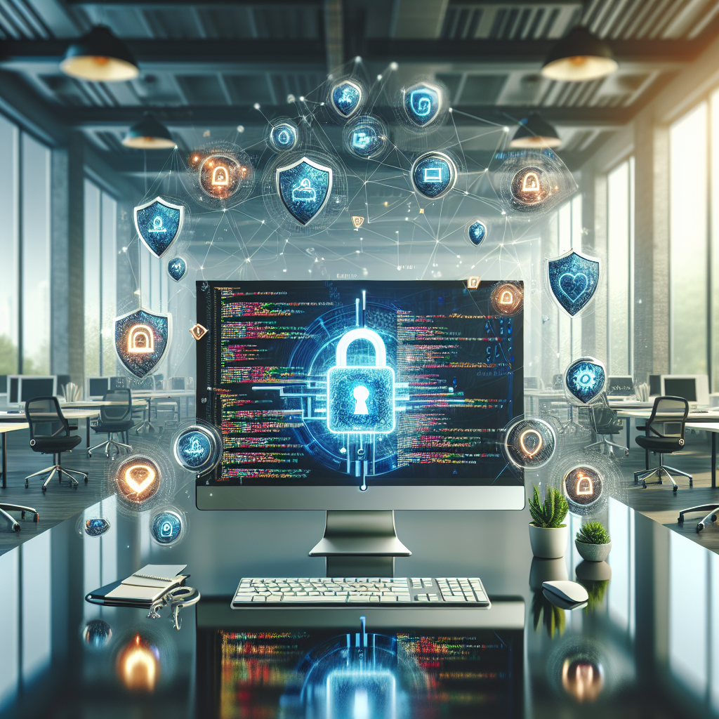 A realistic depiction of cybersecurity in web development with a computer screen displaying code and floating security icons in a modern office setting.