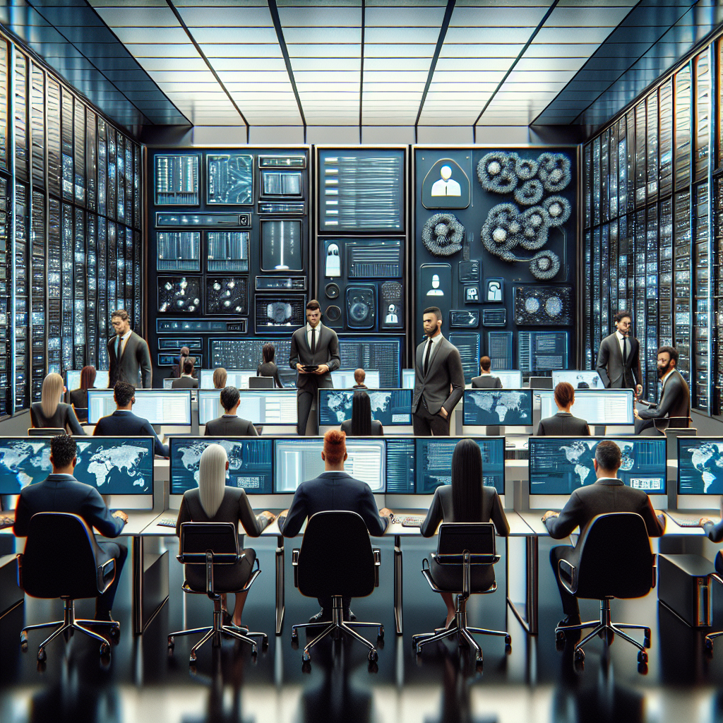 Professionals working in a modern cybersecurity environment with advanced computer setups.