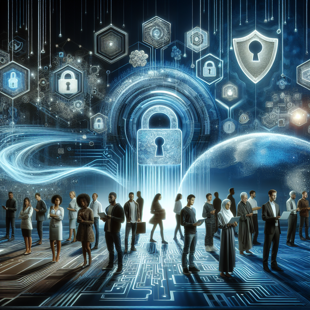 A realistic depiction of modern cybersecurity, featuring people and digital security symbols in a futuristic landscape.