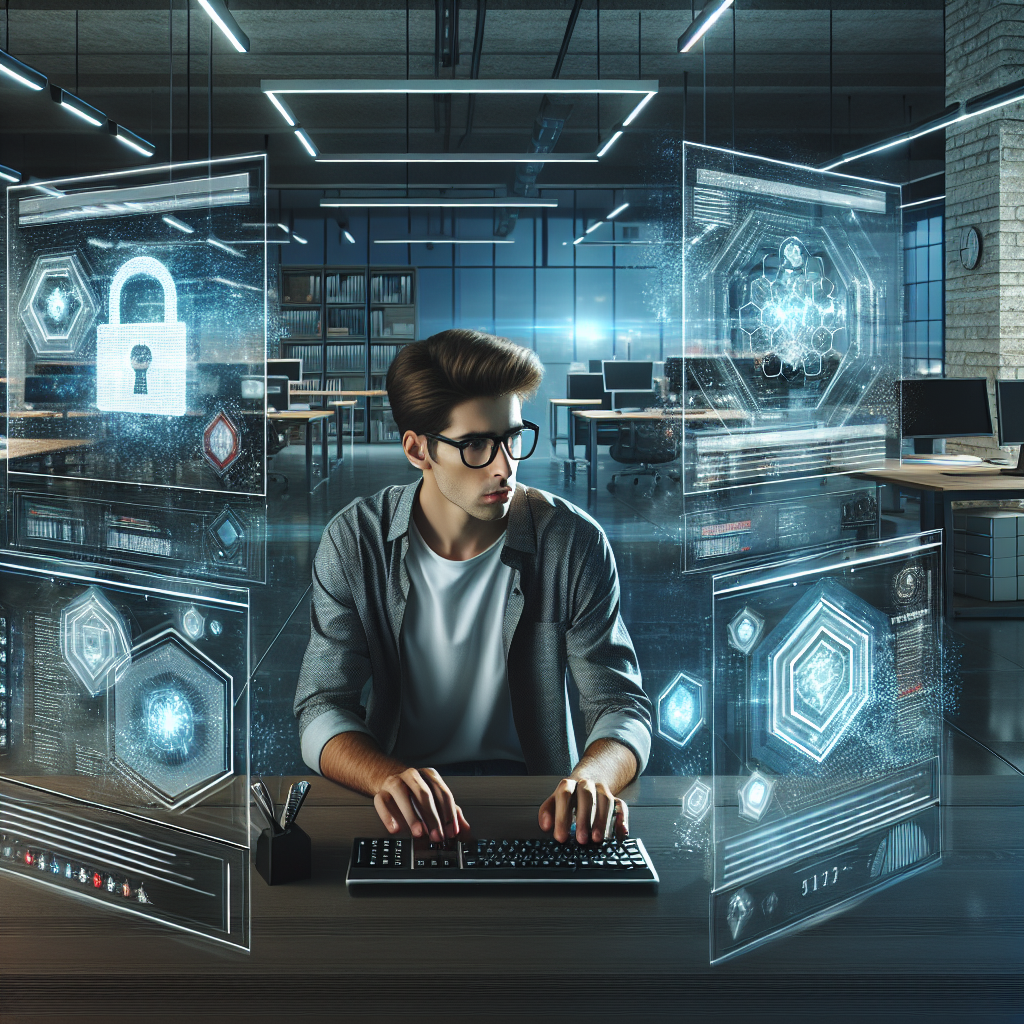 A realistic depiction of a young professional working on cybersecurity measures in a modern office with holographic screens.