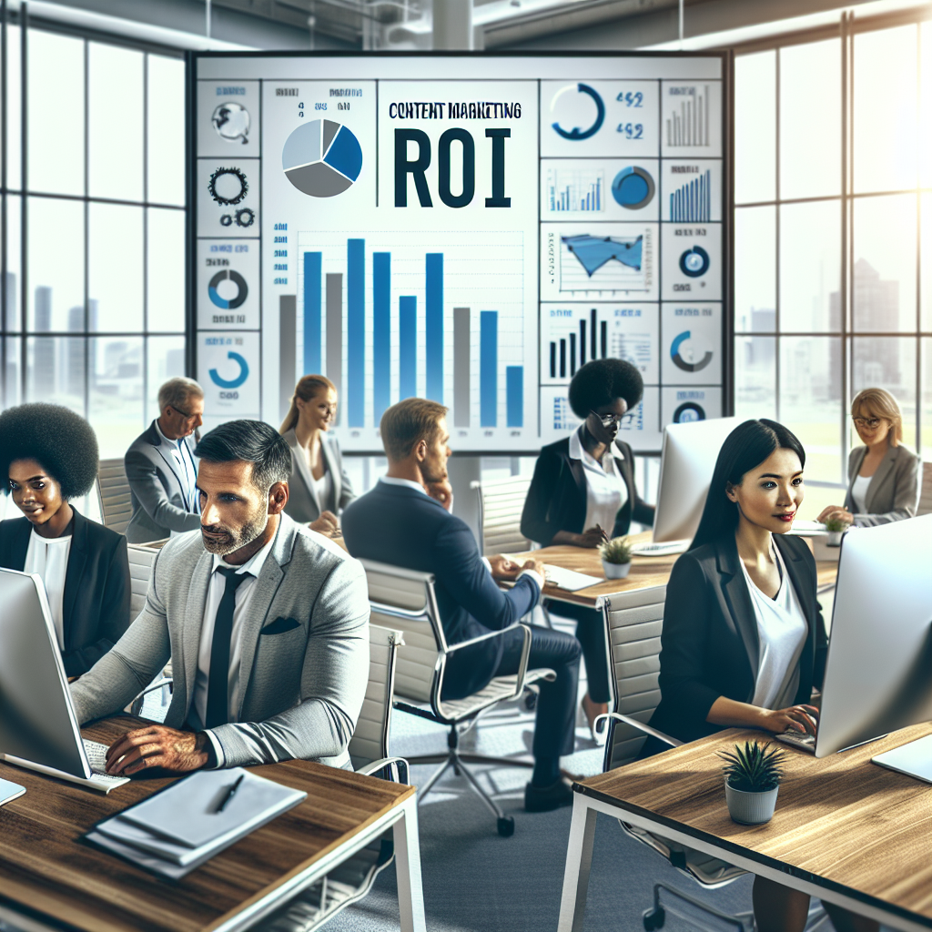 Professionals in a modern office analyzing charts and graphs on computer screens to illustrate content marketing ROI.