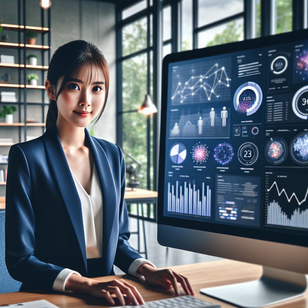 Businesswoman in an office analyzing charts and metrics representing content marketing ROI.