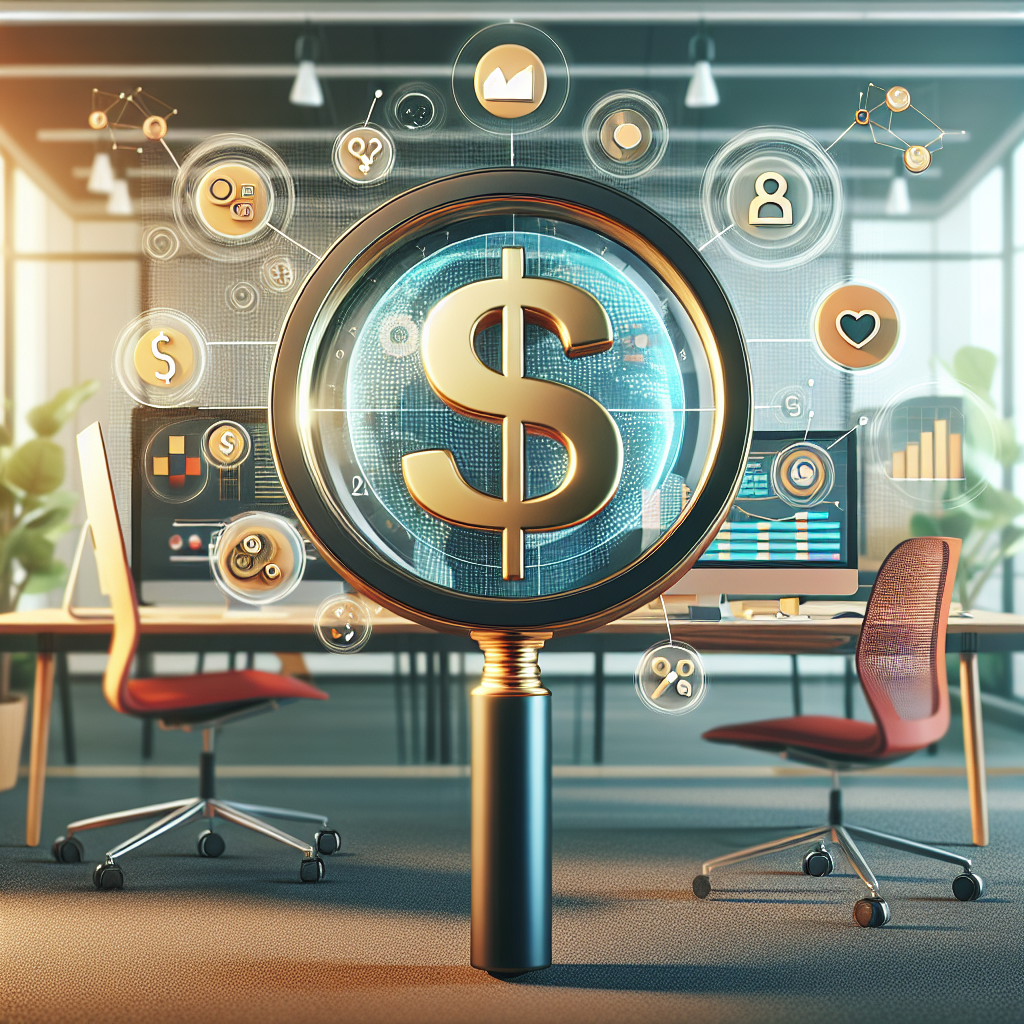 A magnifying glass focusing on dollar signs and social media icons in an office setting, symbolizing Content Marketing ROI.