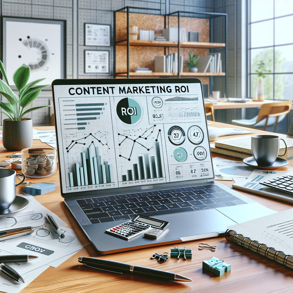 A realistic office desk with a laptop showing analytics graphs, documents, charts, and a calculator, illustrating Content Marketing ROI.
