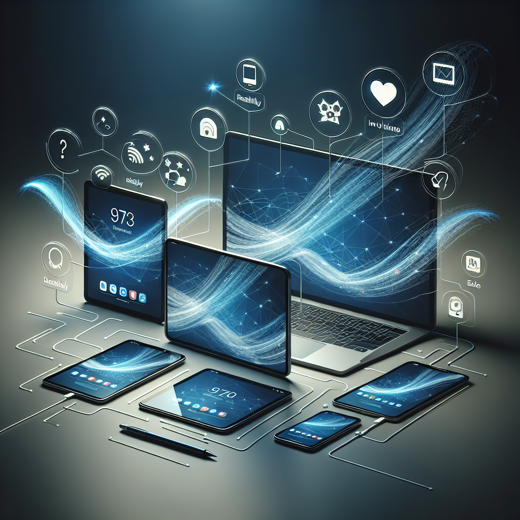 A smartphone, tablet, and laptop depicting a seamless digital experience in a modern office environment.