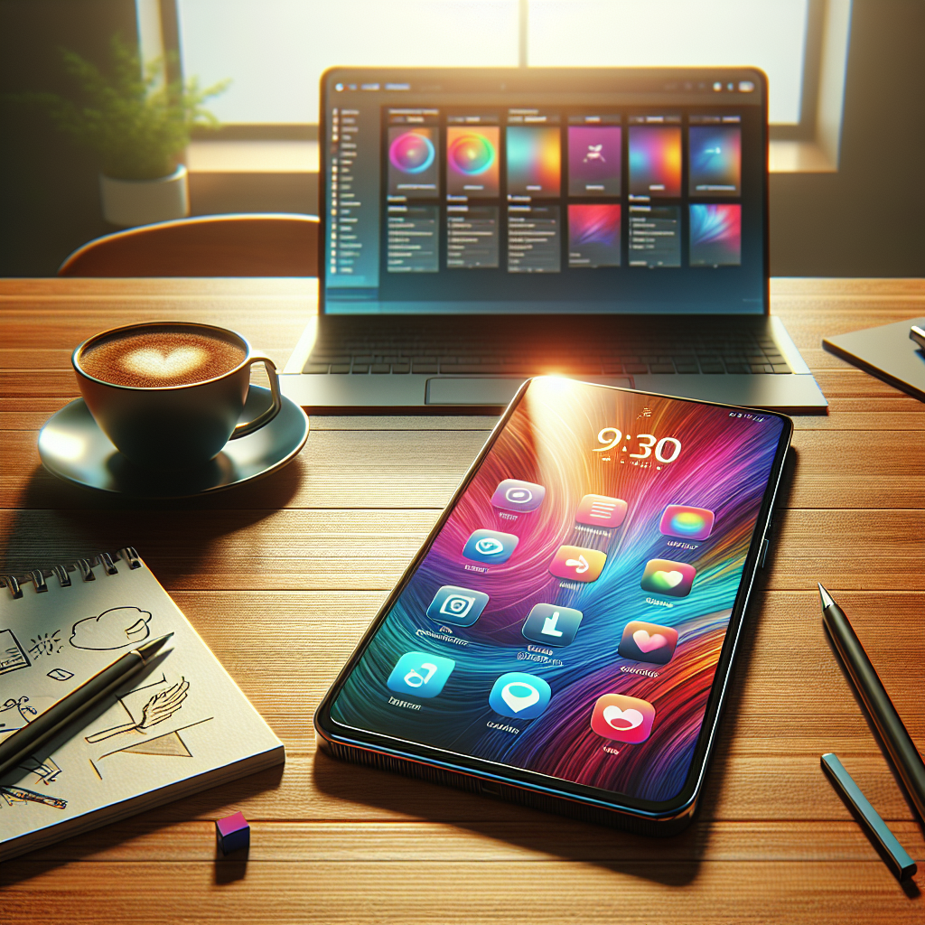 A realistic depiction of a smartphone in a modern workspace, displaying a progressive web app interface.